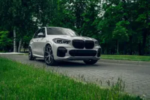 Bílé SUV BMW X5 zaparkované na malebné silnici obklopené bujnou zelení, ukazující eleganci a styl.