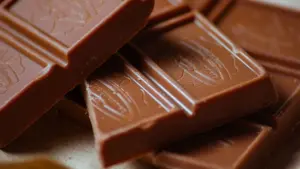 Indulgent close-up of smooth milk chocolate bars showcasing detailed textures and rich sweetness.