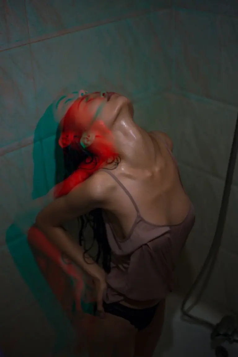 Sensual Asian female with head raised in underwear after bathing in 3D effect
